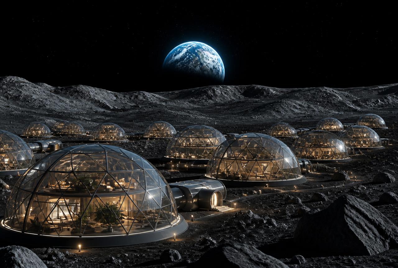 The lunar city of Goofo: glass residential domes on the moon's surface with Earth rising over the horizon