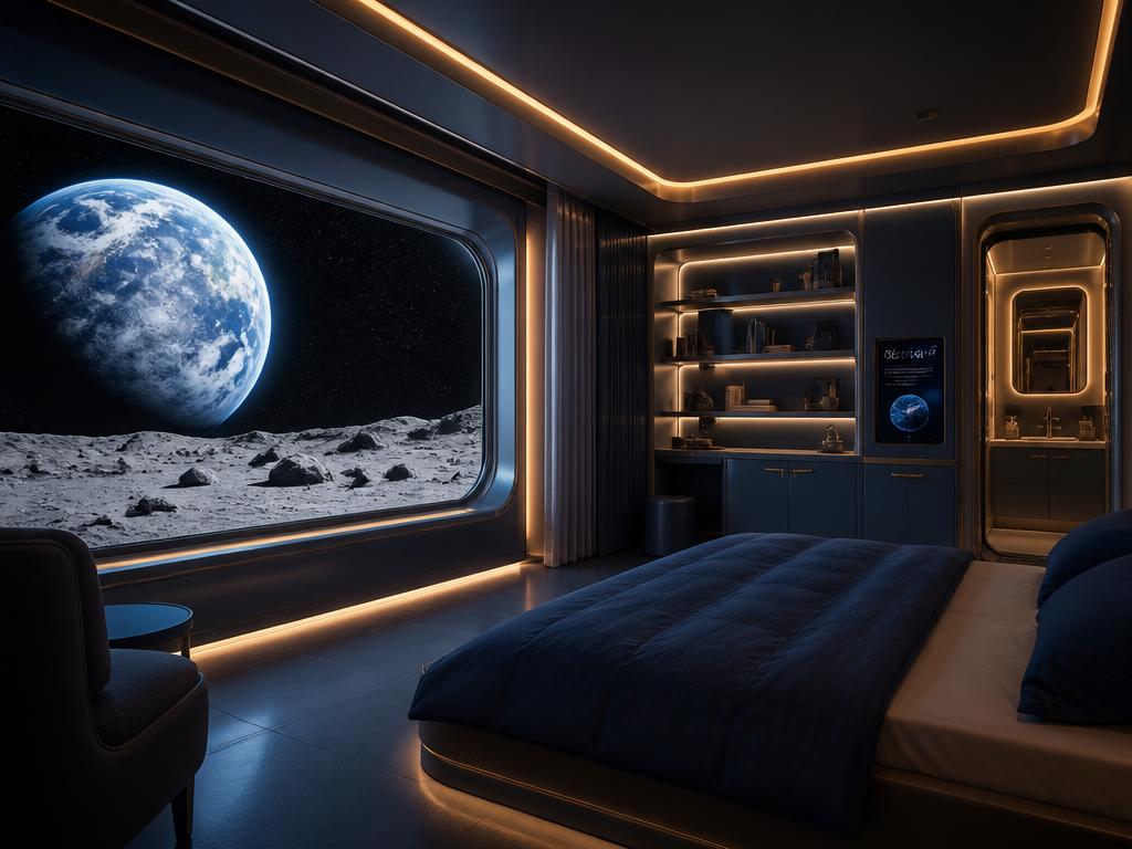 Lunar apartment bedroom with a wide window facing Earth over the moon's surface